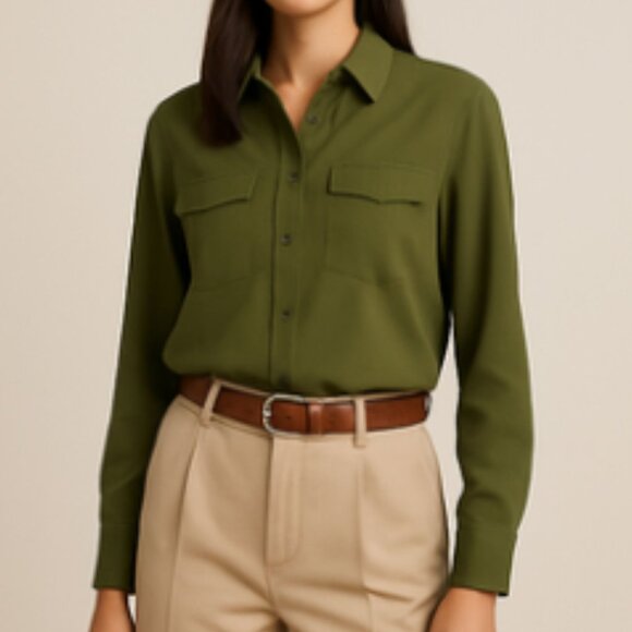 Olive Green Top Size M Button Front Long Sleeve Blouse Fall Utility Neutral - Picture 1 of 11